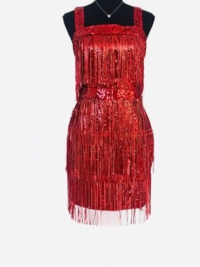 FLAPPER STYLE ~ Red Sequined Fringe Sleeveless Party Dress